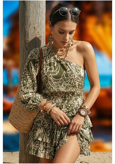 Fashion Cocktail Safari Tek Omuz Etnik Dokulu Hareketli Katlı Tatil Yaz Şifon Desenli Chic Bohem Mini Elbise Haki Fashion Cocktail Safari Tek Omuz Etnik Dokulu Hareketli Katlı Tatil Yaz Şifon Desenli Chic Bohem Mini Elbise Haki