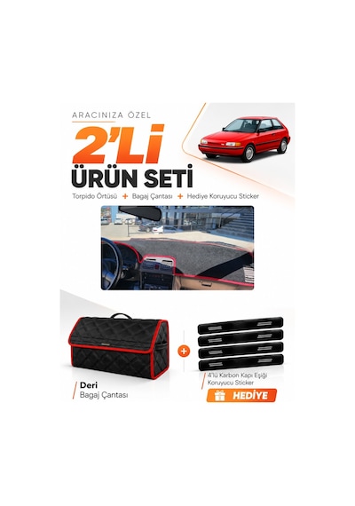 Mazda 323 Hatchback Bg Kasa 1991-1995 Uyumlu Torpido Örtüsü + Deri Çanta Seti - Siyah Kırmızı