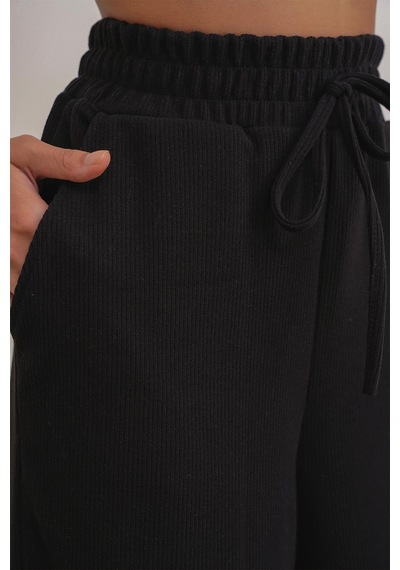 Mixray 4757 Kadın Lastikli Bol Paça Örme Dökümlü Selanik Pantalon Siyah Siyah