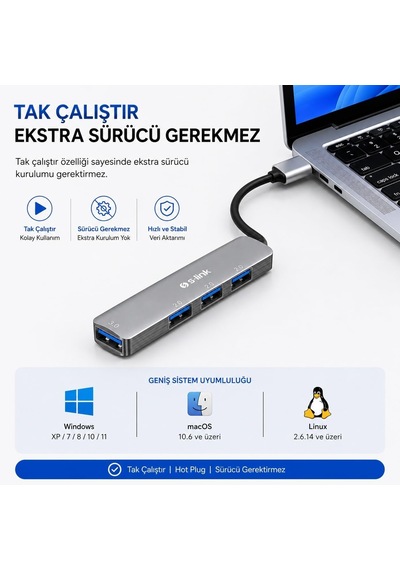 S-link Sw-u333 Usb Hub 4 Port Metal Usb Çoklayıcı, 1x Usb 3.0 + 3x Usb 2.0, 5gbps Hızlı Veri Aktarımı, Slim Alüminyum Tasarım, Tak Çalıştır Usb Çoğaltıcı Hub, Laptop Pc Uyumlu