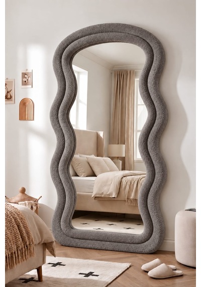 Olivia Gri Renk Kumaş Kaplamalı Dalgalı Kavisli Ayaklı Boy Aynası 182x87 Cm