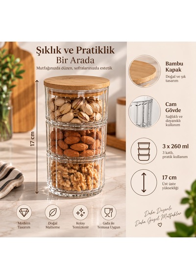 Bambu Kapaklı 3 Katlı Cam Saklama Kabı Seti 3x260 Ml