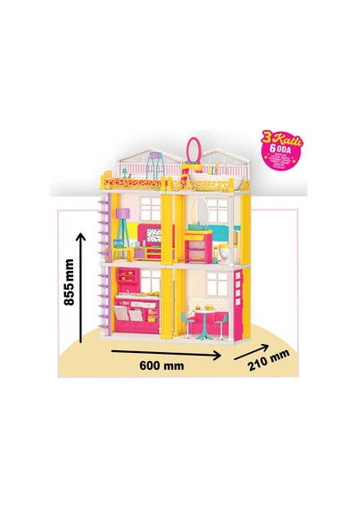 Linda'nın Düşler Evi 3 Katlı 6 Odalı Eşyalı Oyuncak Bebek Evi Büyük Boy 85 Cm