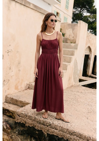 Sateen Askılı Uzun Elbise - Bordo-137495