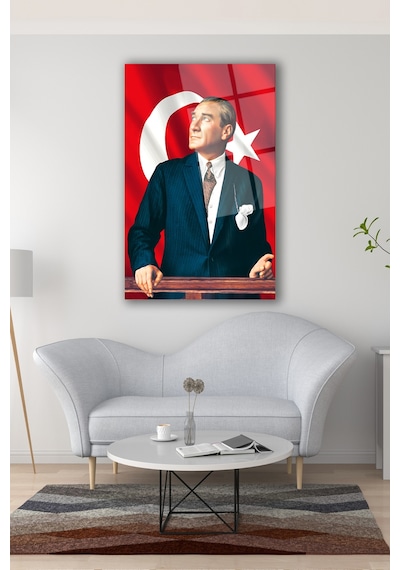 Mustafa Kemal Atatürk Ve Türk Bayrağı Dikey Cam Tablo Modern Ev Ofis Salon Hediyelik Büyük Tablo