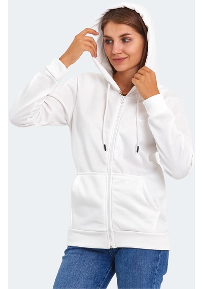 Slazenger KATYA Kadın Fermuarlı Kapüşonlu Cepli Beyaz Sweatshirt
