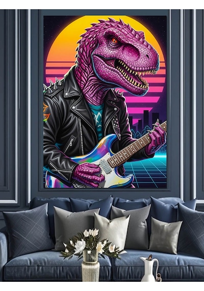 Ahşap Tablo Gitar Çalan Dinozor Rex