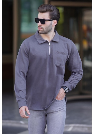 Madmext Füme Polo Yaka Fermuarlı Uzun Kollu Erkek Sweatshirt 7057 Füme