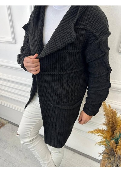 Elku Moda Elkumoda Hırka Kapüşonlu Cepli Örgü Triko Uzun Panço Hırka Hırka2785-HIRKA2785