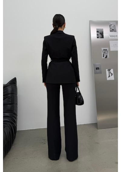 Msm Fashion Kadın İkili Kuşaklı Blazer Ceket Pantolon Takım Siyah