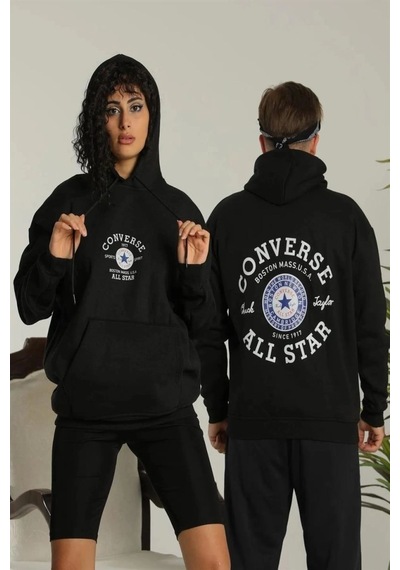 Mbb E-ticaret Erkek Sırt Baskılı Oversize 3 İplik Kapüşonlu Hoodie Sweatshirt - Siyah