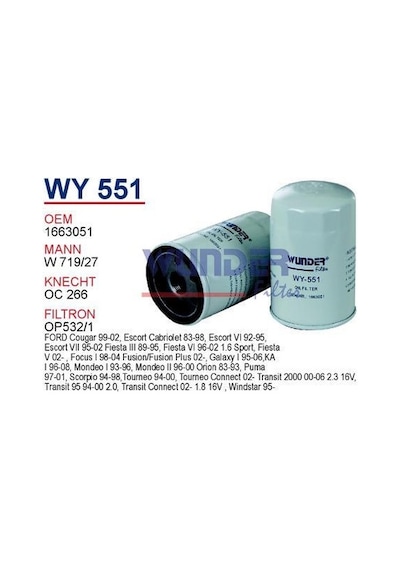 WUNDER WY551 YAĞ FİLTRESİ - FORD FOCUS - FiESTA - SCORPiO - MONDE