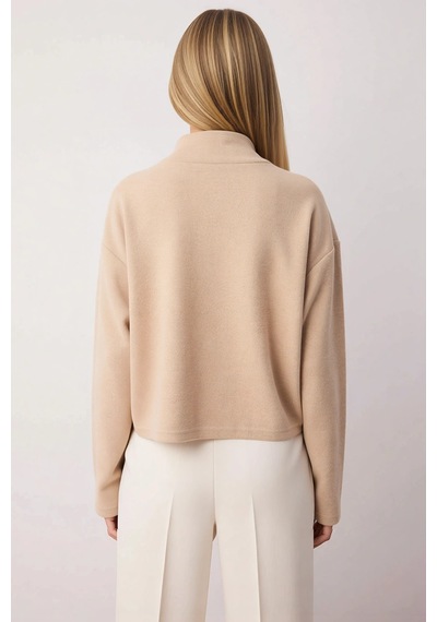 Benerly Kadın Dik Yaka Düşük Kol Fermuarlı Regular Kalıp Örme Sweatshirt Bej