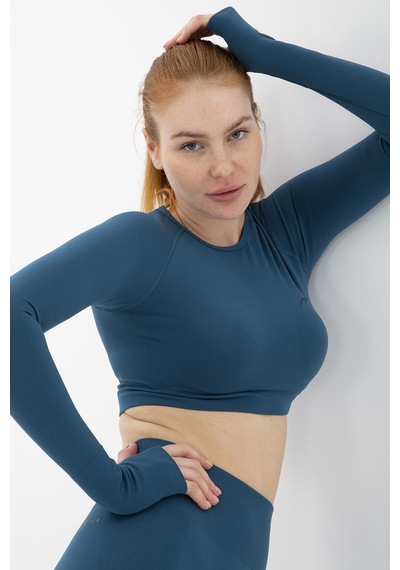 Maraton Active Slimfit Kadın Bisiklet Yaka Uzun Kol Training Mavi Crop Top 816005 Mavi