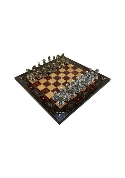 Gifthome Premium Battal Boy Metal İşlemeli Klasik Satranç Takımı Ve El Yapımı Düz Masif Ahşap Satranç Tahtası