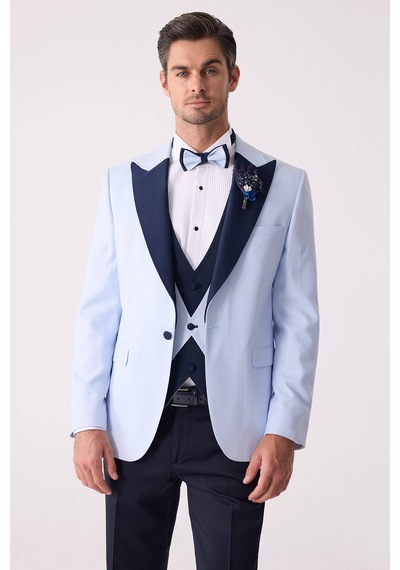 Ysf Erkek Açık Mavi Yelekli Kırlangıç Yaka Slim Fit Damatlık