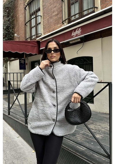 Myloore Gri Kadın Peluş Düğmeli Oversize Ceket Yumuşak Dokulu Mlb134