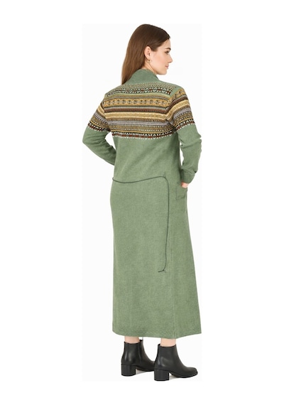 Onno Style Woman Standart Beden Kilim Desenli Uzun Triko Ceket Yeşil