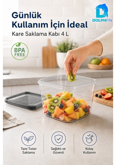 4 Litre Kapaklı Kare Saklama Kabı İstiflenebilir Bpa İçermez Şeffaf Siyah