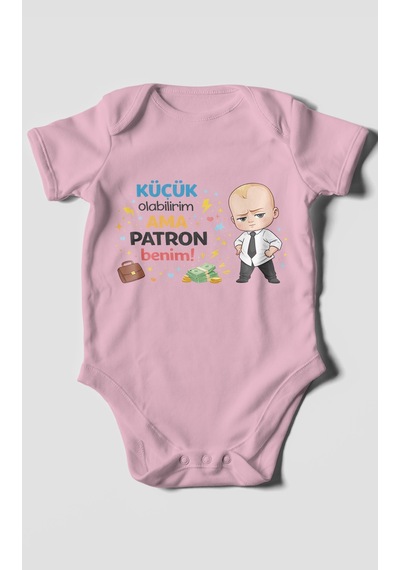 Morivokids Küçük Olabilirim Ama Patron Benim Kısa Kollu Bebek Body Koyu Pembe