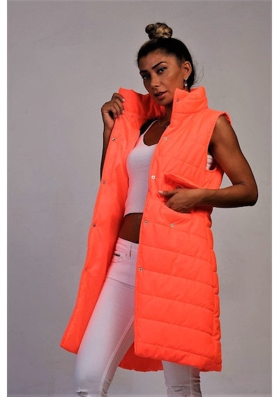 Keyifli Moda Kadın Turuncu Dik Yaka Cep Detaylı Uzun Şişme Yelek