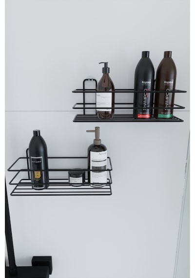Paslanmaz Yapışkanlı 2 Li Set Banyo Rafı Duş Şampuanlık Duvar Düzenleyici Organizer Banyo Seti Siyah