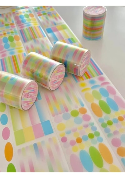 Tr Pastel Renkli Yuvarlak Ve Çizgi Desenli 2m 570adet Tek Tek Çıkartma Sticker Washi Etiket 1