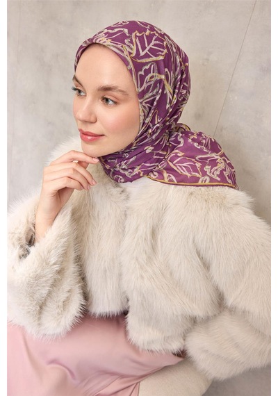 Silk Home Pamuk Polyester Soft Eşarp Violet Zemin Krem-hardal Lilyum Desenli Kaymaz Tok Duruşlu 90x90 Çok Renkli