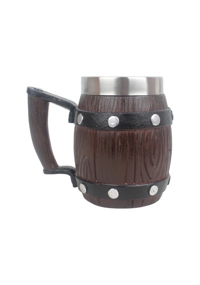 Paslanmaz Çelik İç Hazneli Viking Bira Kupası Ahşap Görünümlü Kulplu Fıçı Tasarım 600 Ml Çok Renkli