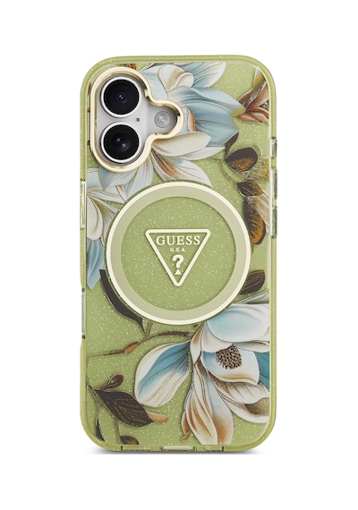 Apple Uyumlu iPhone 17 Kılıf Guess Lisanslı M-safeli Simli Çiçek Desen Metal Kamera Çerçeveli Üçgen Logolu Yeşil Yeşil