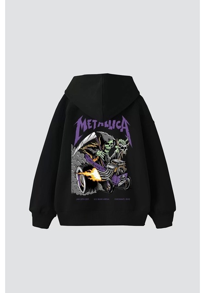 Startmore Metallica Mor Sırt Baskılı Beyaz Oversize Kapüşonlu Siyah