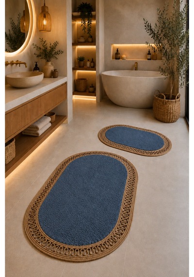 El Yapımı Bohem Banyo Paspası 2'li Pelüş Kaymaz Jel Taban 40x60 Cm Ve 60x100 Cm Mavi