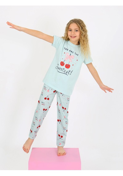 Kız Çocuk Kısa Kollu %100 Pamuklu Pijama Takımı Cherry Mint