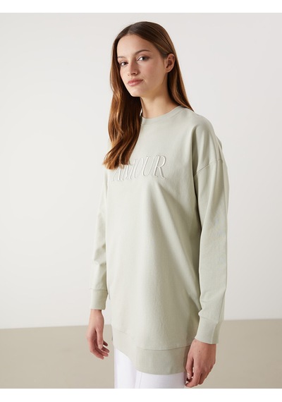 Lcw Modest Gri Bisiklet Yaka Nakışlı Oversize Kadın Sweatshirt Tunik