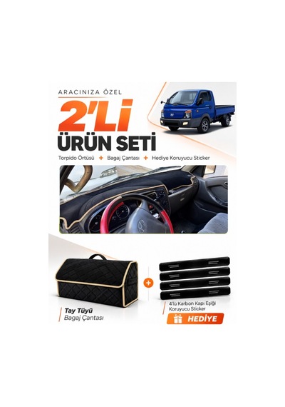 E-biz Hyundai Porter 2004-2019 Uyumlu Torpido Örtüsü + Tay Tüyü Bagaj Çantası - Siyah-bej - Hu025