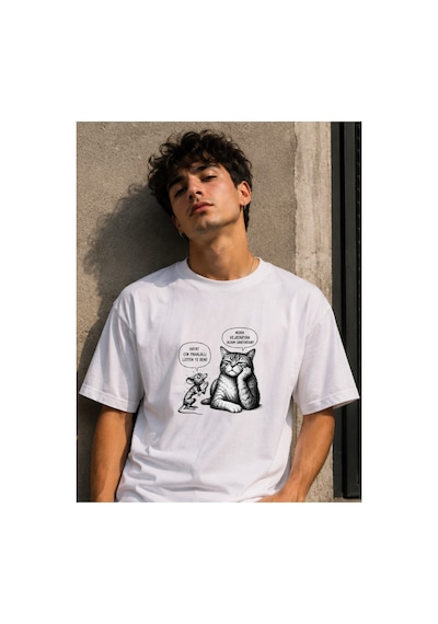 Qmen Style Unisex Beyaz Oversize Baskılı T-shirt Espirili Kedi Baskılı %100 Pamuk