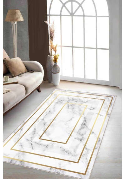 Krem Gold Çerçeveli Kaymaz Tabanlı Dekoratif Halı Rv006 Krem - Gold
