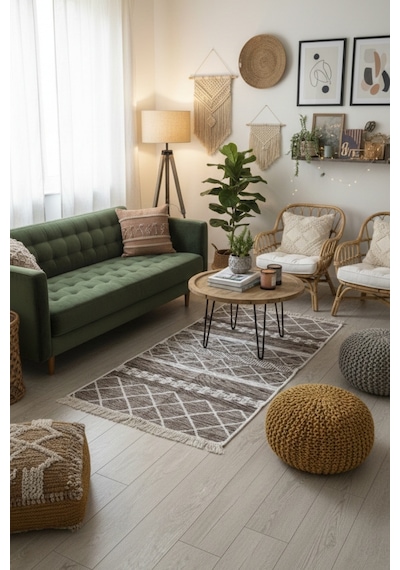 Bohem Geometrik Desen Makinede Yıkanabilir Kilim Çift Taraflı Pratik Ve Günlük Kullanıma Uygun Kilim Renkli