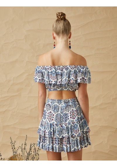 Koton Etnik Desenli Fırfırlı Omzu Açık Crop Bluz Mavi Desenli 2sak60207ew 2SAK60207EW03V