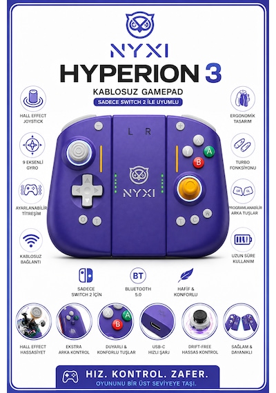 Nyxi Hyperion 3 Mor Joypad Switch 2  Hall Effect Drift Yapmayan Joystick Kablosuz Oyun Kolu Joy-con