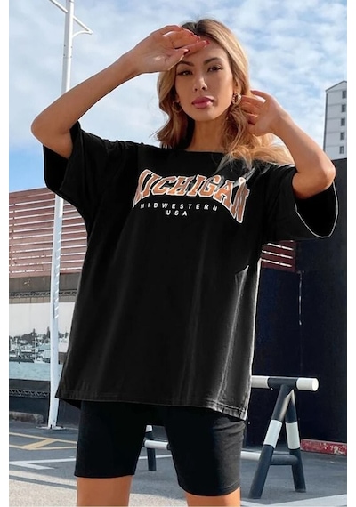 Blackjack Giyim Kadın Siyah Oversize Michigan Baskılı T-shirt Siyah