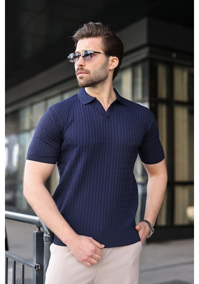 Madmext Lacivert Slim Fit Polo Yaka Triko Erkek Tişört E7472 Lacivert