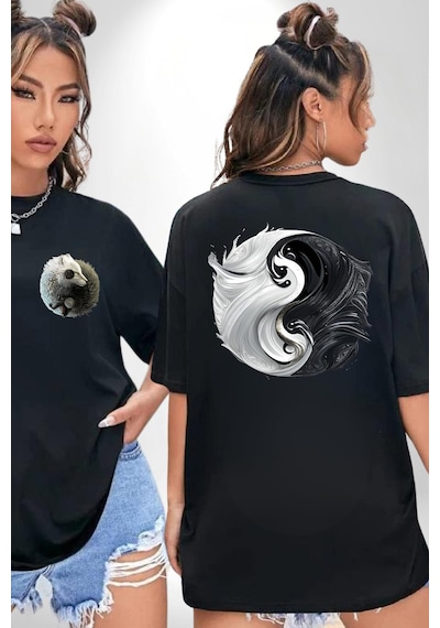 Siyah Beyaz Ying Yang Siyah Oversize Unisex Ön Ve Sırt Baskılı Tişört Siyah