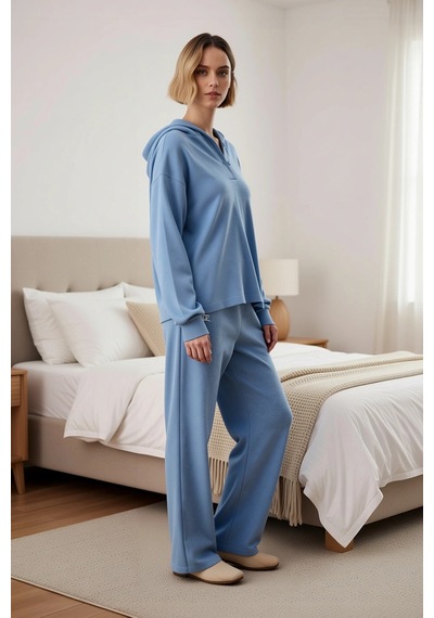 Benerly Kadın Kapüşonlu Standart Kol Regular Kalıp Waffle Örme Pijama Tak mavi