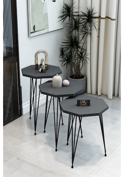 3'lü Sekizgen Zigon Sehpa Seti - Siyah Metal Ayaklı, Modern & Şık Yan Sehpa, Dayanıklı Salon Ofis Antrasit