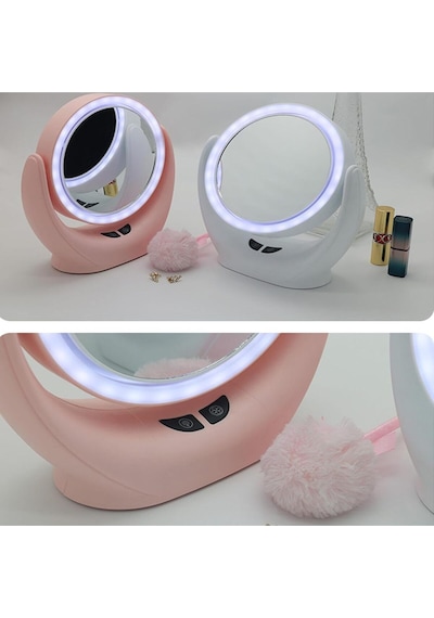 Naturalove Fanlı Led Işıklı Makyaj Aynası,360 Derece Şarj Edilebilir Pembe