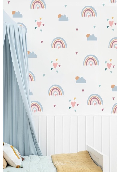 Boho Gökkuşağı Kalpler Ve Figürler Çocuk Bebek Odası Duvar Sticker Seti, Pastel Renklerde Gökkuşağı
