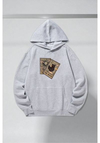 Uyguntarz Unisex The Moon Tarot Kart Tasarım Baskılı Kapüşonlu Sweatshirt Gri
