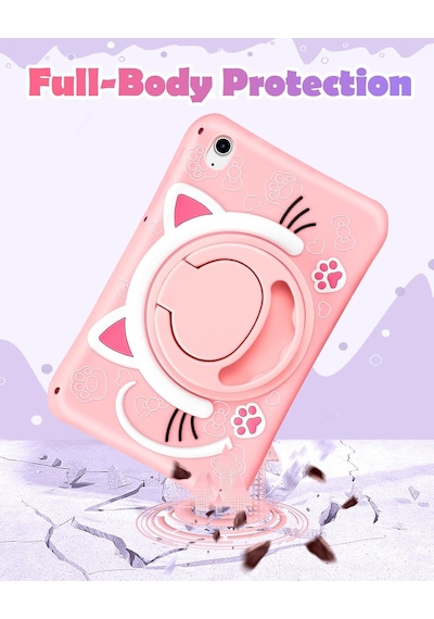 Honor Pad X8a 11 İnç Uyumlu Pembe Kedi Çocuk Kılıfı Askılı 360 Dönebilen Standlı Eğlenceli Koruyucu Dönerli Kılıf