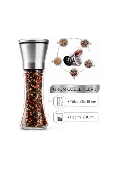 Seramik Öğütücülü 5 Kademeli Tuz Ve Karabiber Değirmeni 200 Ml Şeffaf Cam Hazne 18 Cm 2'li Set Renksiz/şeffaf